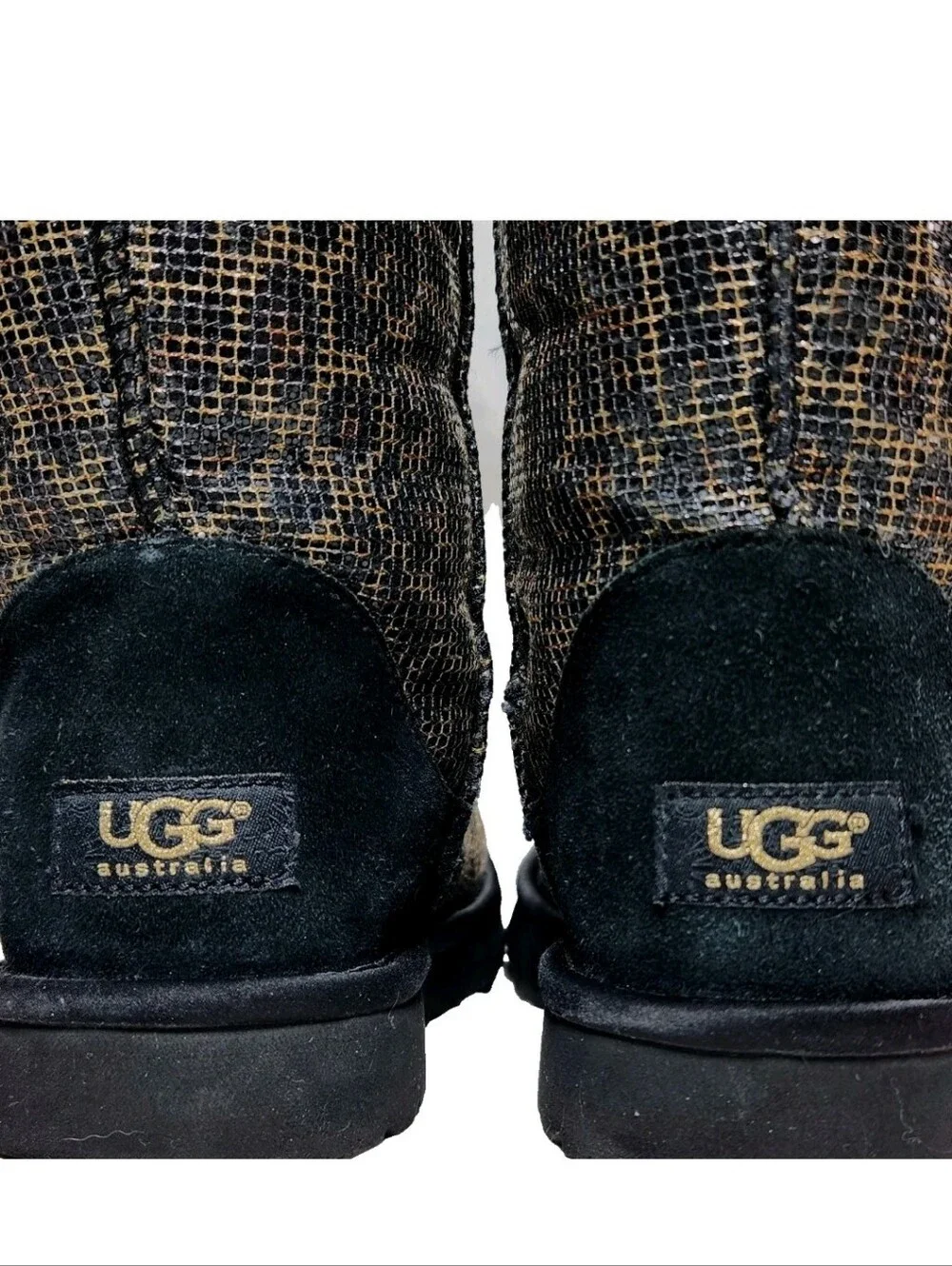 UGG Leopard Glitter Classic Tall Sz 7 Genuine Sheepskin Boots Black/Gold 1006819